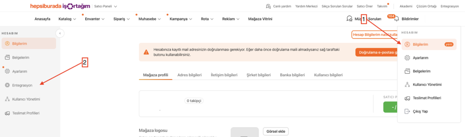 Hepsiburada Satıcı Paneli - Bilgilerim > Entegrasyon menüsü