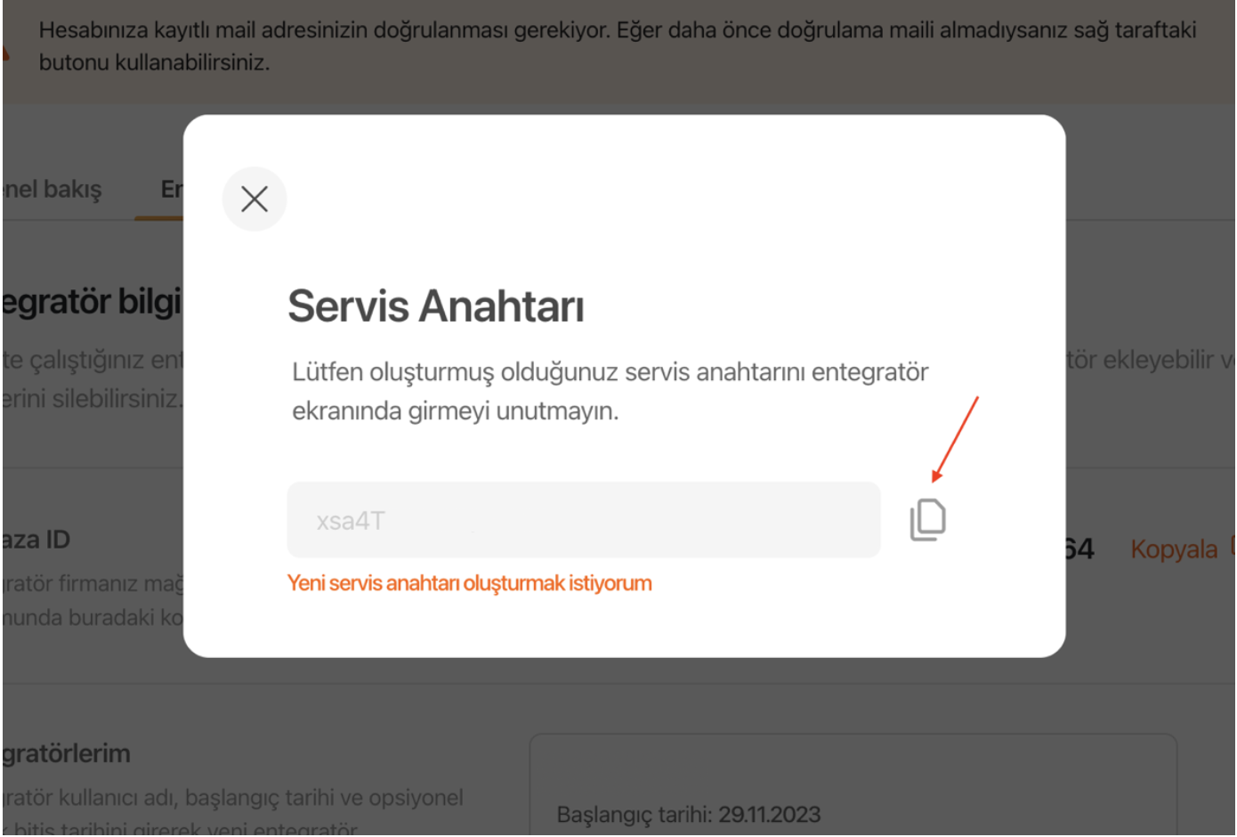 Servis anahtarını kopyalama ekranı