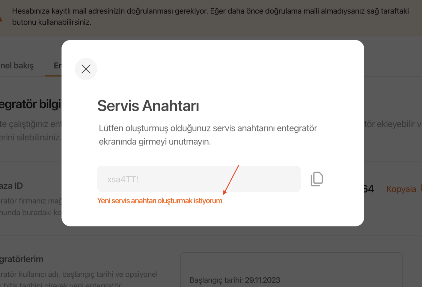 Yeni servis anahtarı oluşturma bağlantısı