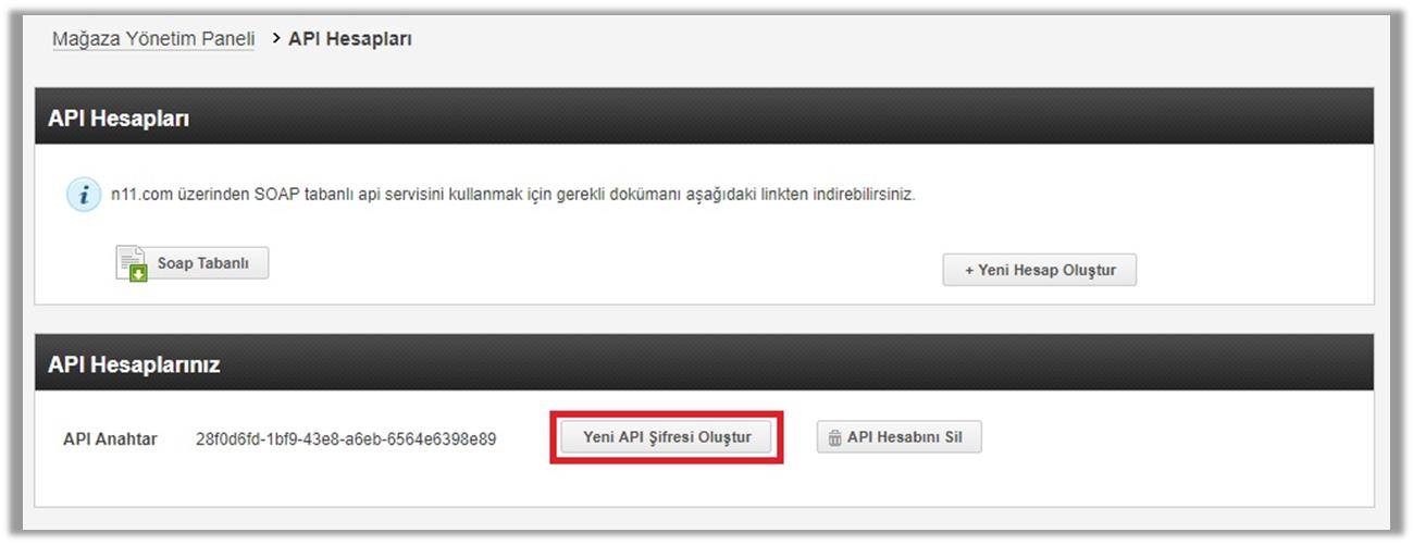 N11 - API Anahtar ve Şifre bilgileri